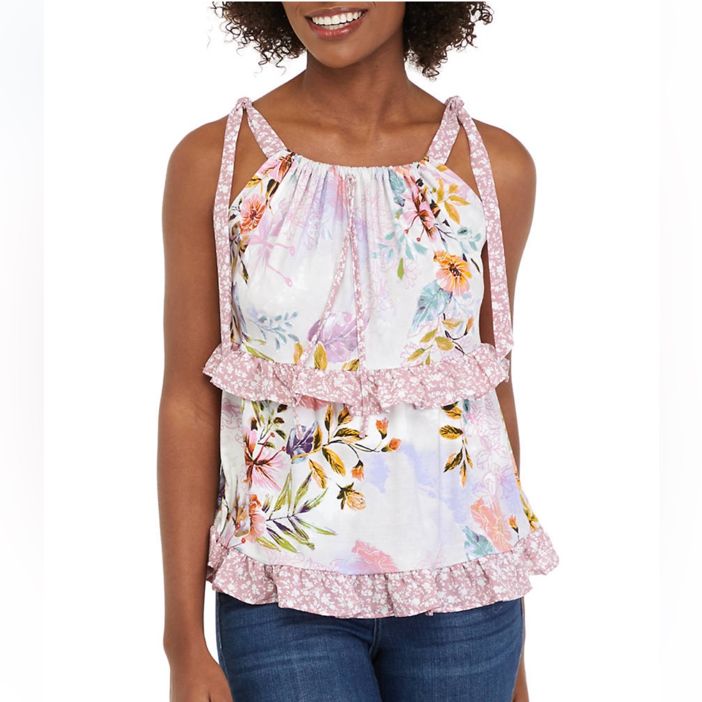 Cupio Floral Tie Ruffle Tank